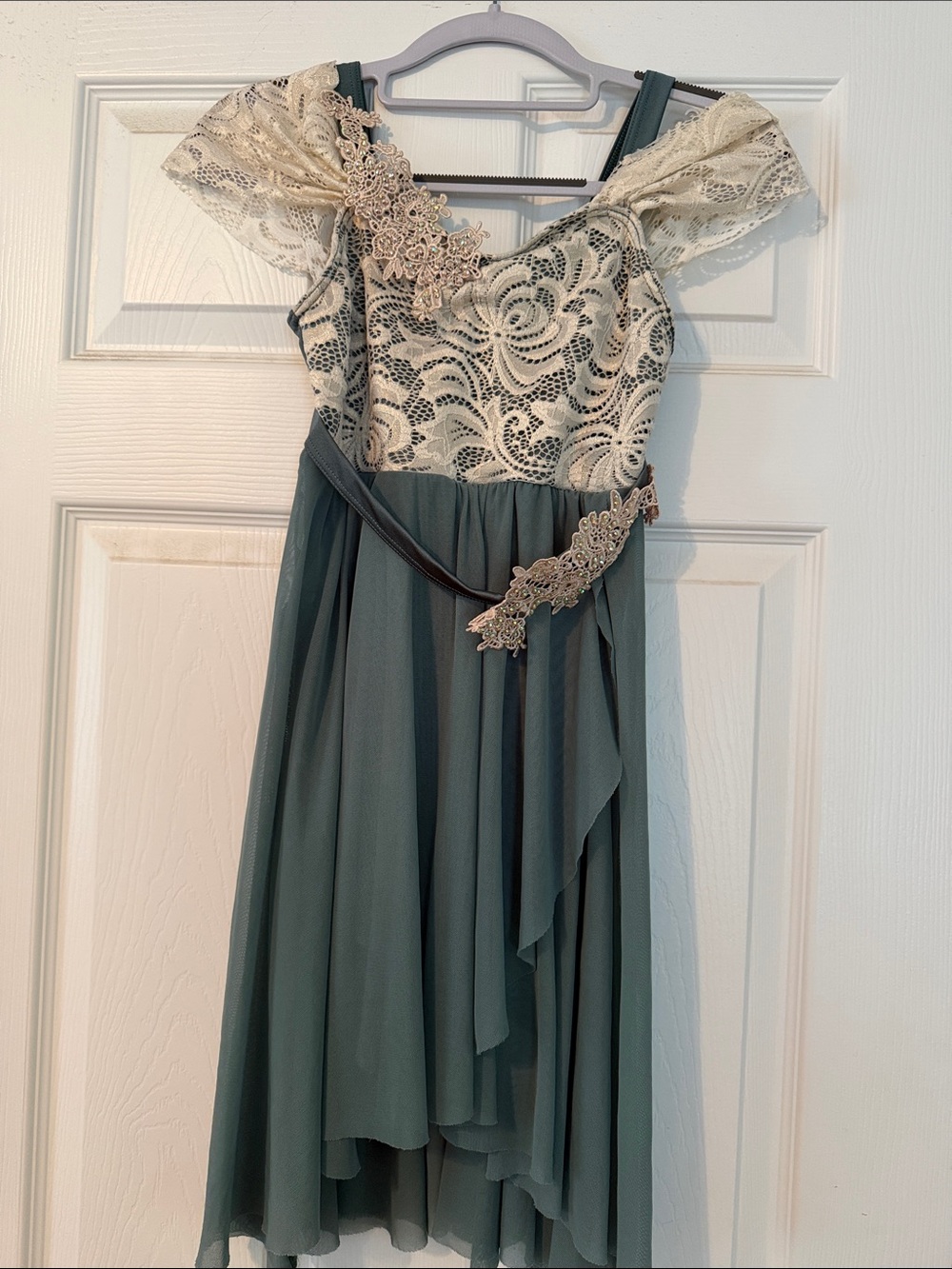 Weissman Teal Chiffon Dress with Cream Lace Bodice